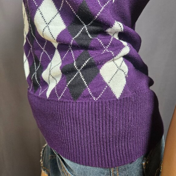 Y2K Purple Argyle Sweater Size L Cap Sleeve Fitted Office Siren Academia Preppy - Picture 7 of 11